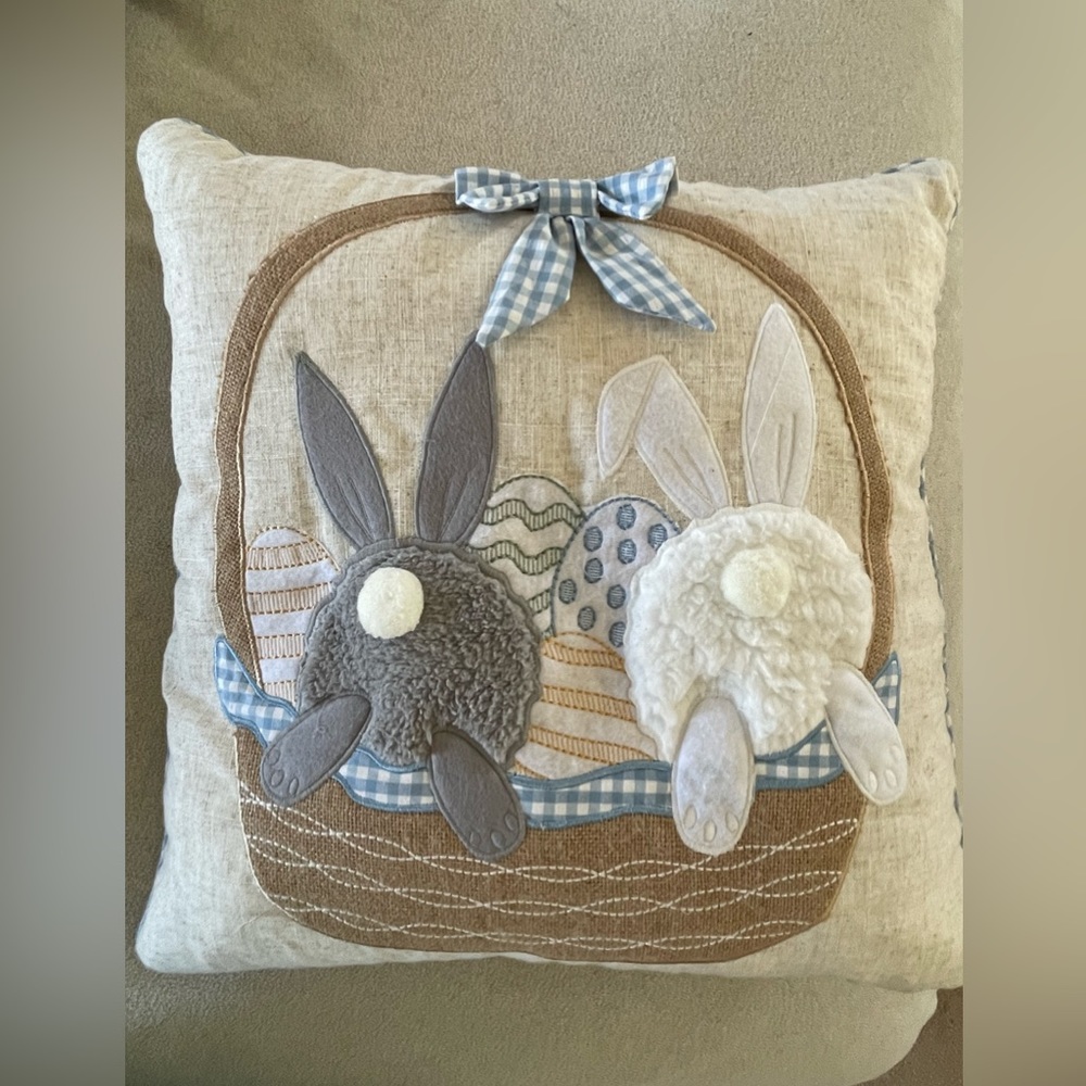 Cupcakes and Cashmere Easter Bunnies pillow 3D w/Easter egg embroidery, linen.